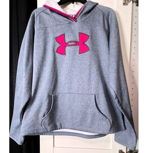 Under Armour Gray Pink Logo Hoodie Fleece Sweatshirt Size XL